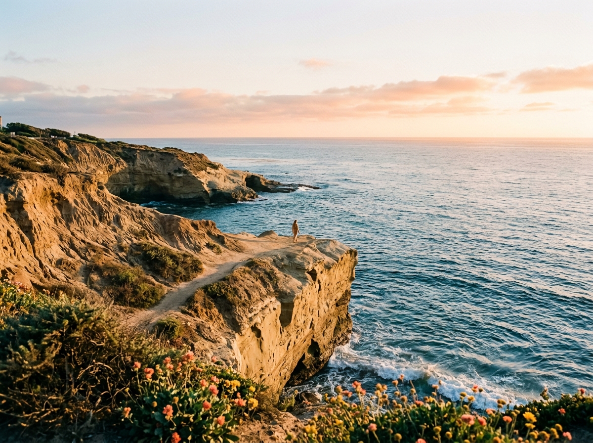 Sunlit coastal cliffs above the ocean