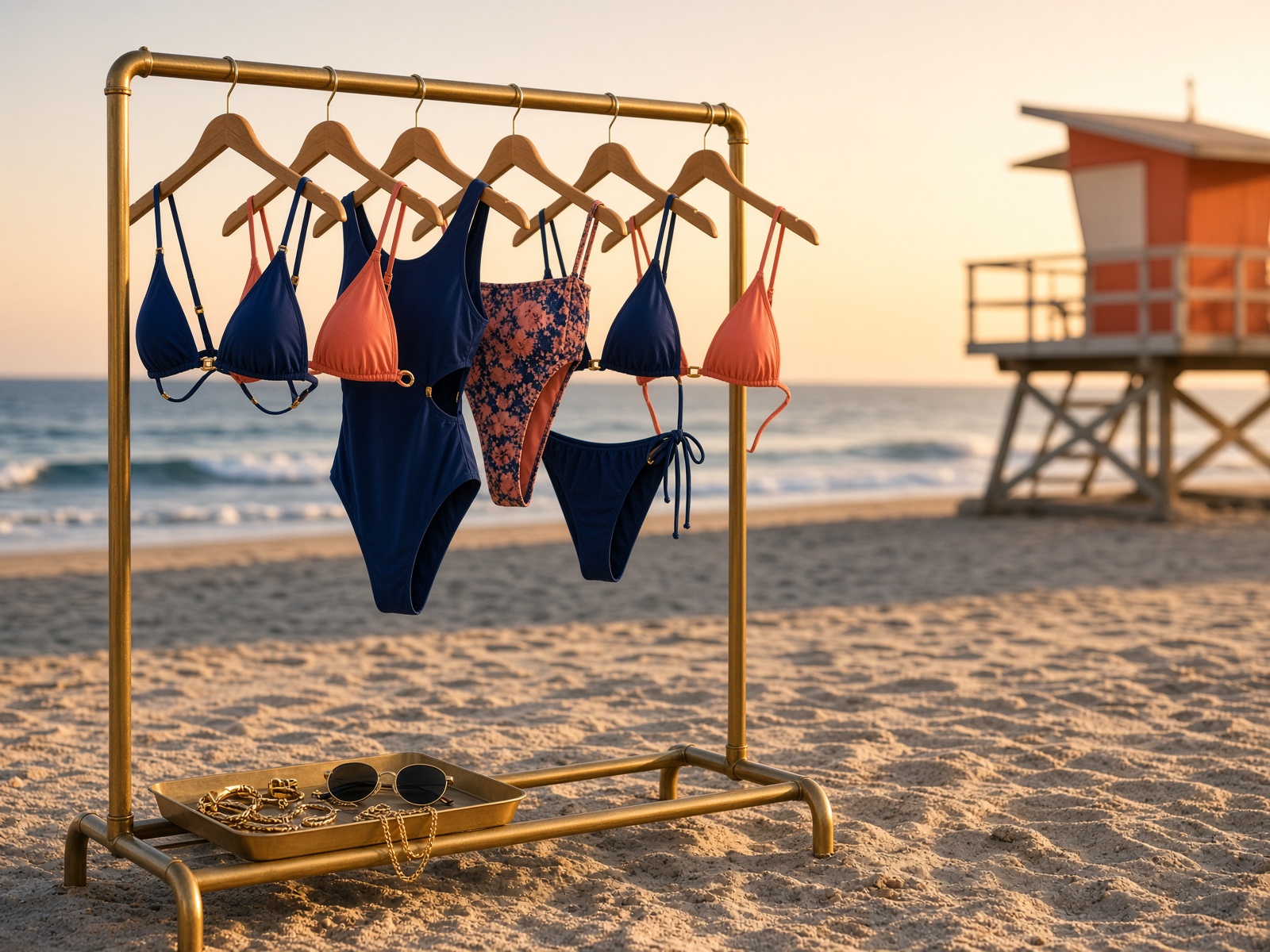 Swimwear and accessories displayed on a beach at sunset