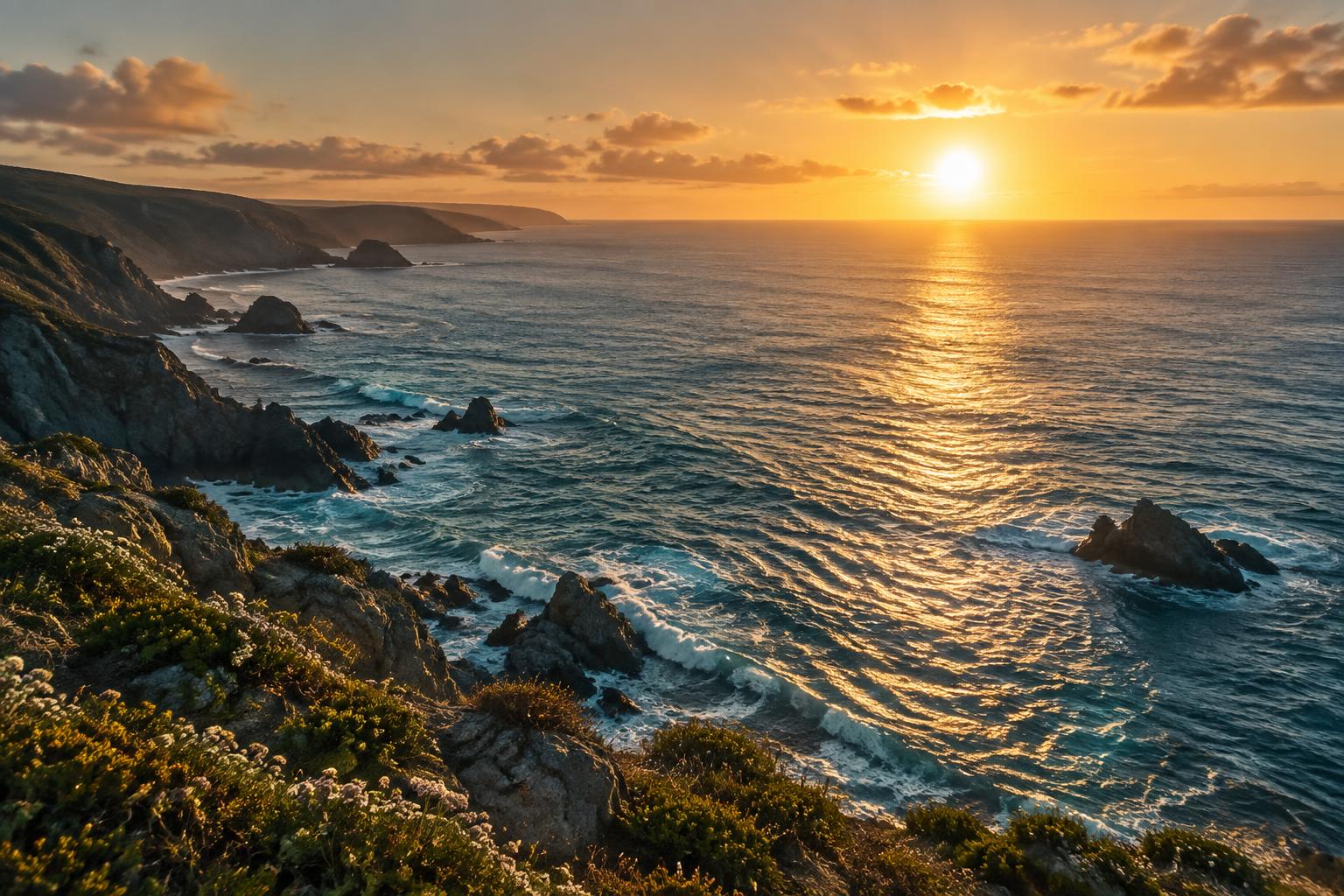 Low sun casting golden light across the ocean from a clifftop.