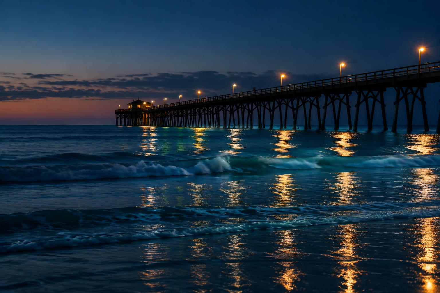 Pier lights glowing over deep blue water after sunset.