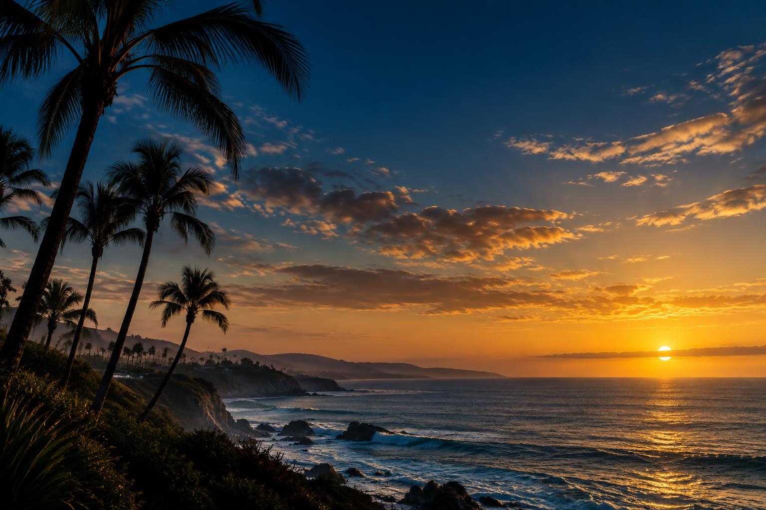 Palm silhouettes against a navy and gold dusk sky.