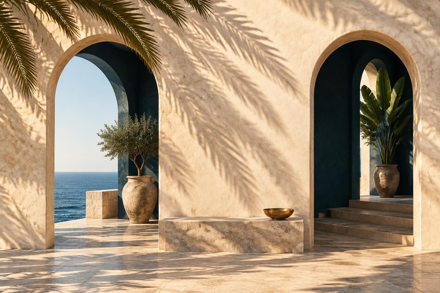 Two arched doorways on a sunlit coastal wall with palm shadows.