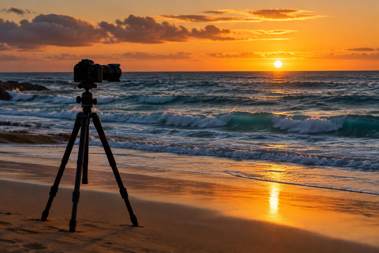 Camera on a tripod on an empty beach at golden hour.