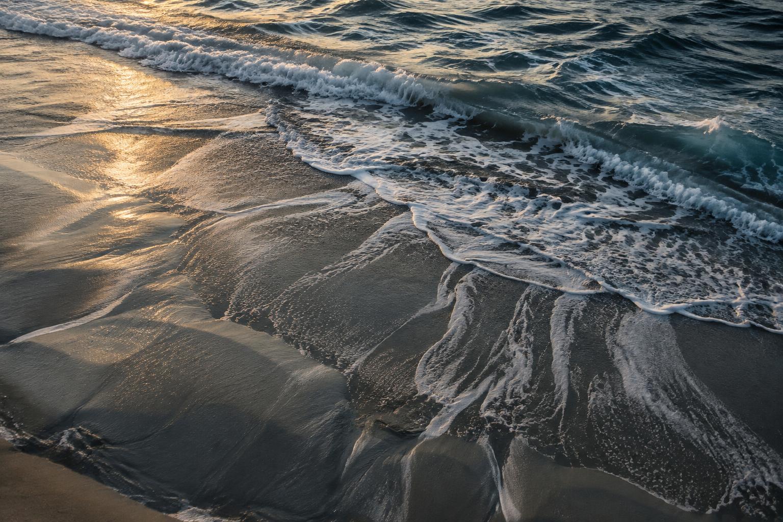 Wet sand with receding foam lines and tide patterns at dusk.
