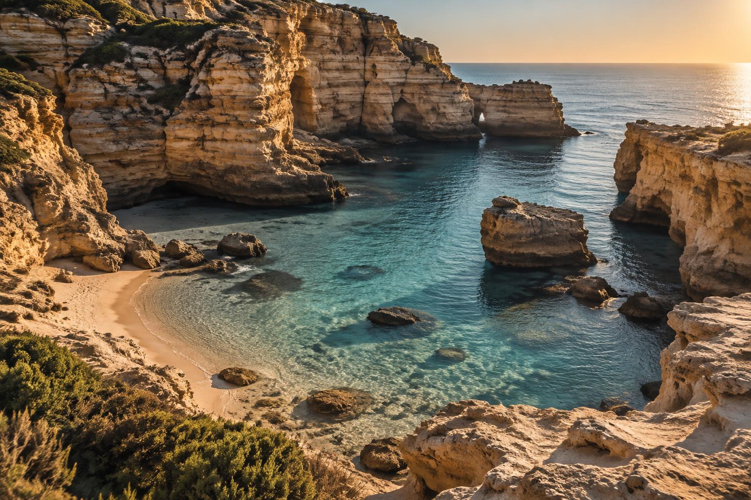 Sculpted sandstone cove with clear aqua water in warm light.