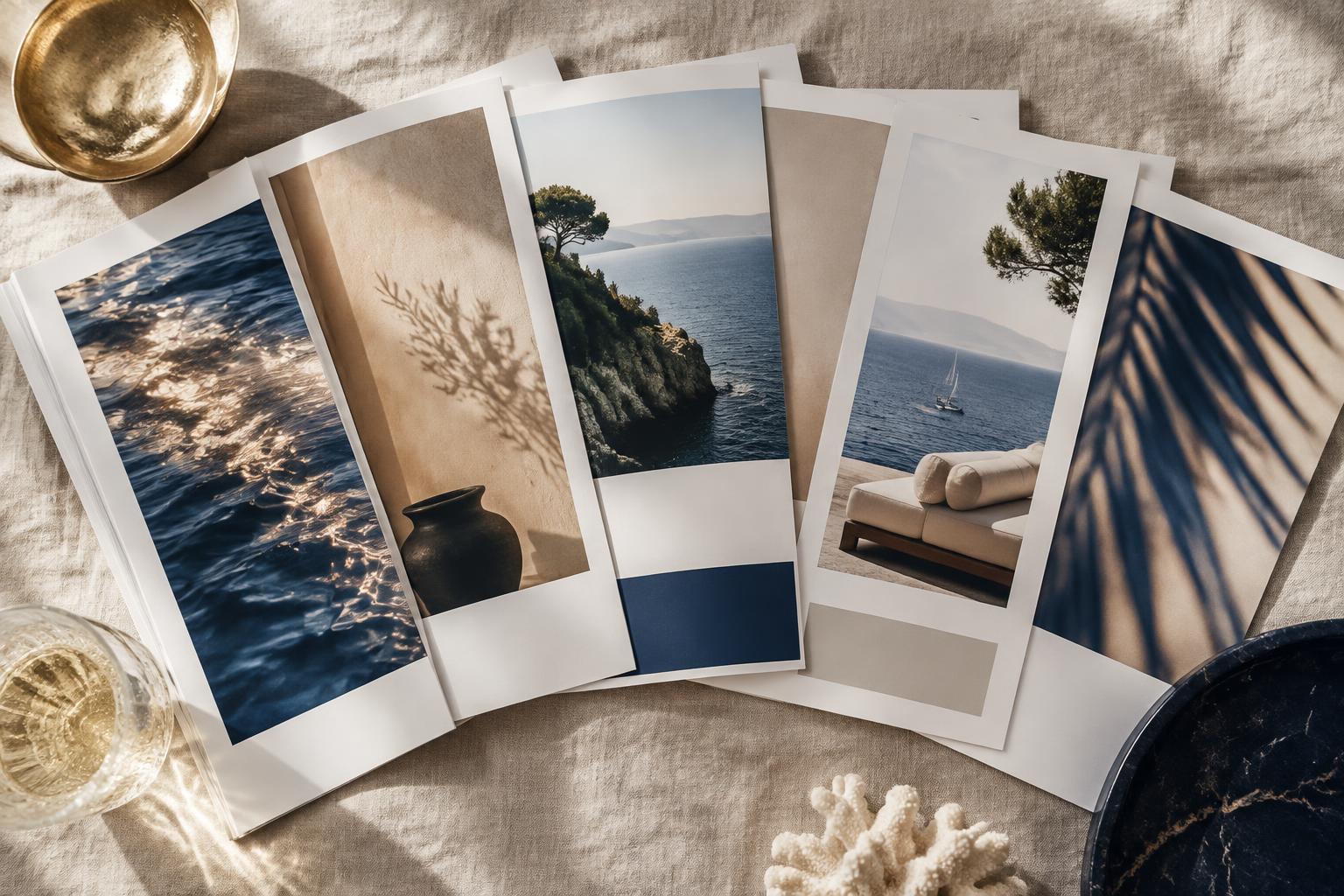 Printed portfolio pages fanned across linen in soft light.