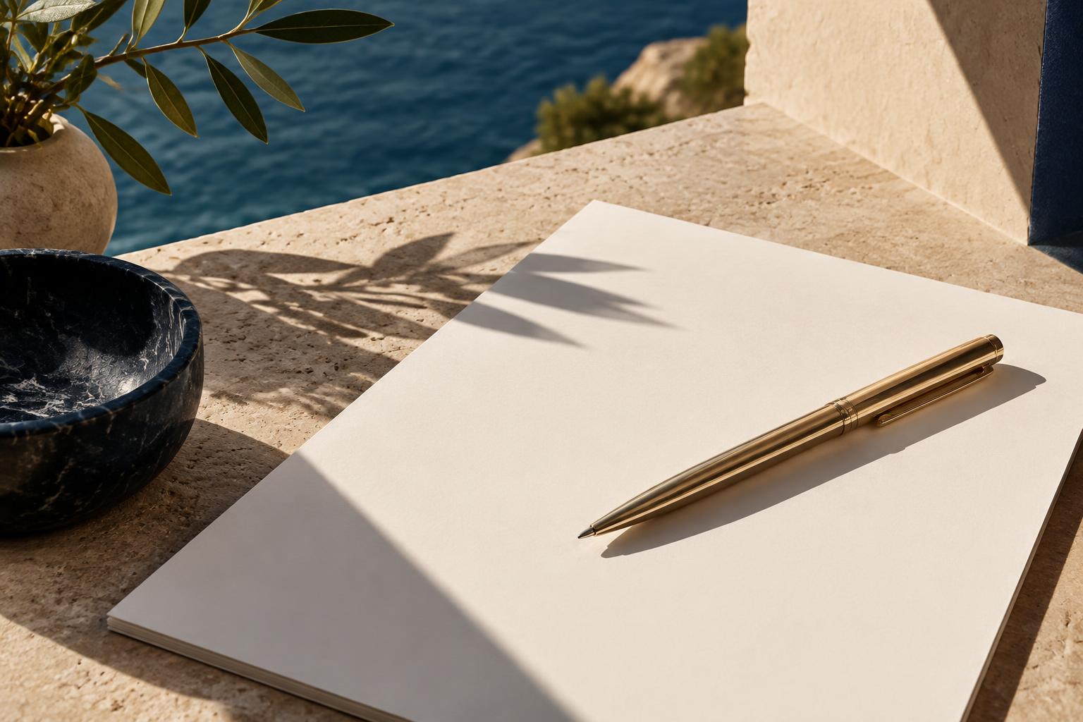 Gold pen on blank paper in strong warm light and shadow.