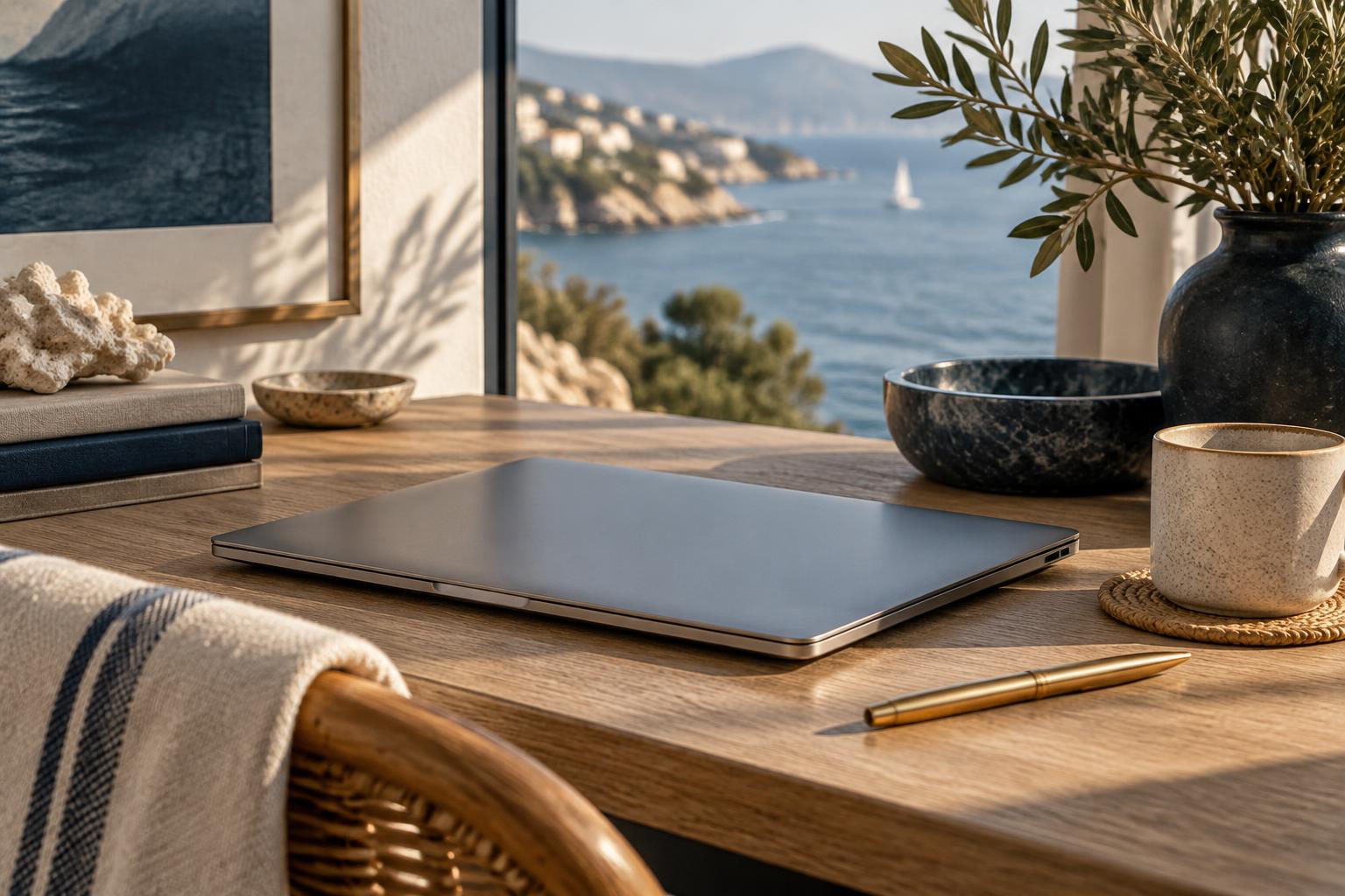Closed laptop and gold pen on a desk in warm coastal light.
