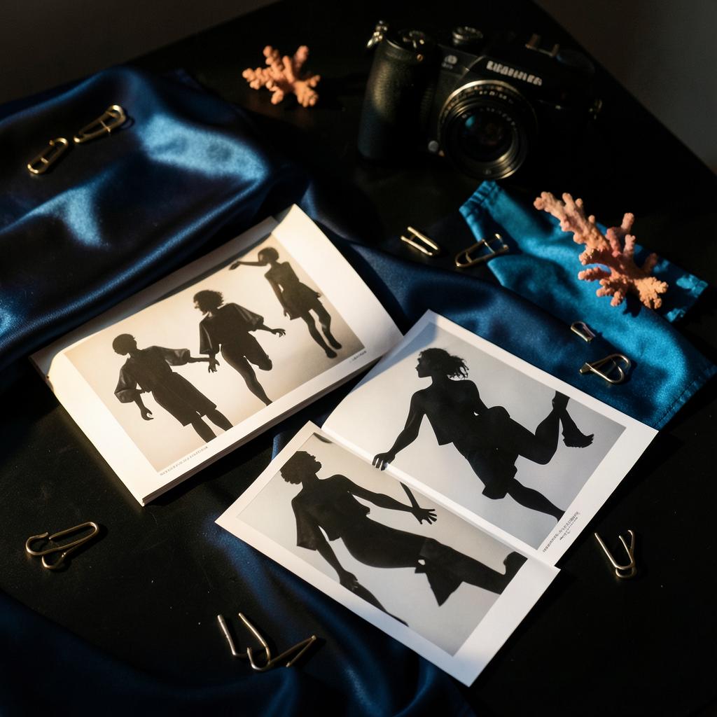 Camera and abstract fashion contact sheets arranged on blue fabric