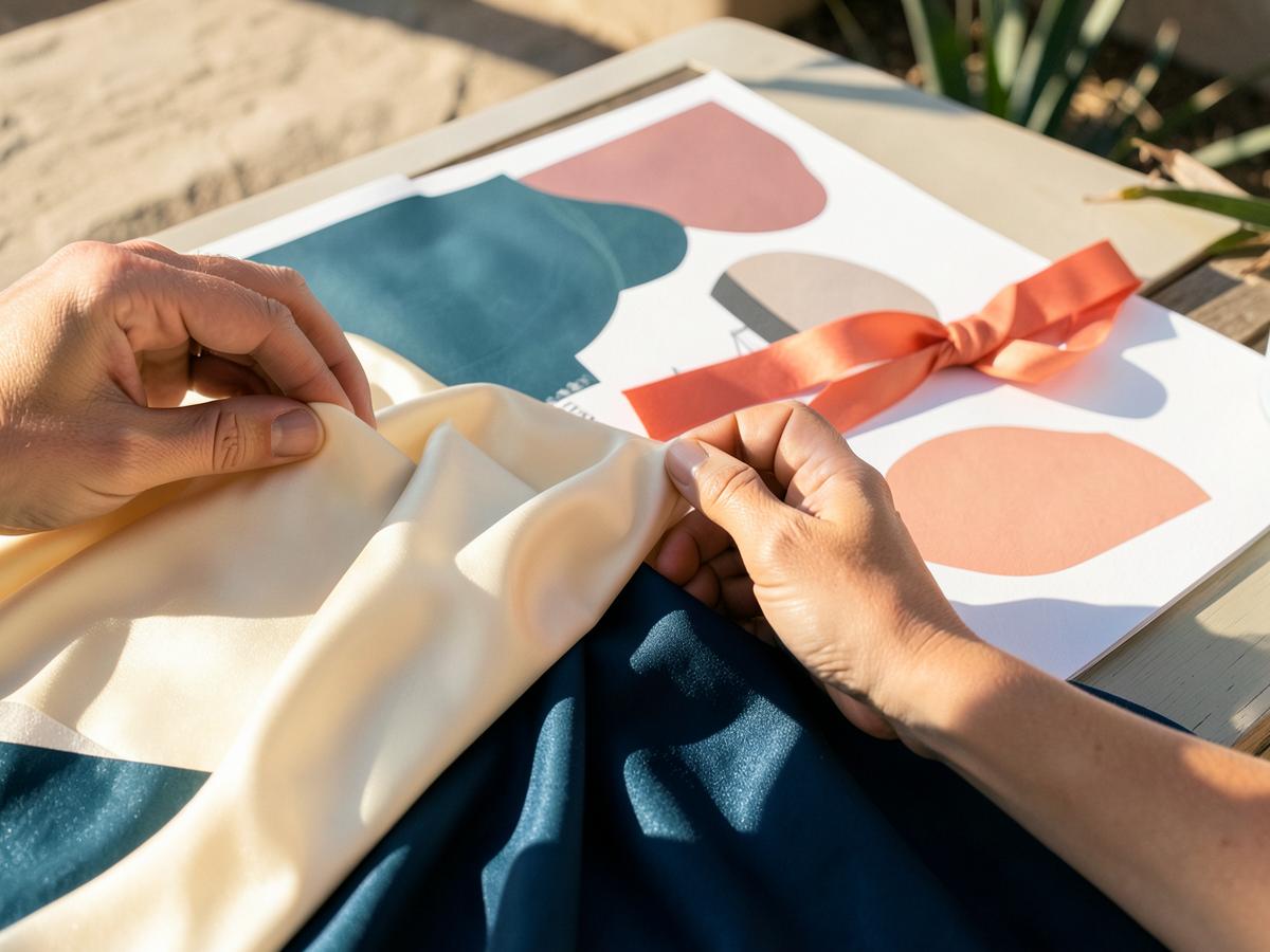 Hands arranging ivory and ocean-blue fabric for a creative production