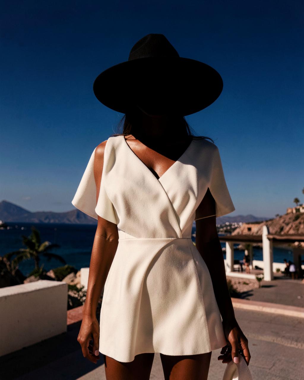Anonymous fashion figure wearing an ivory look and wide-brim hat