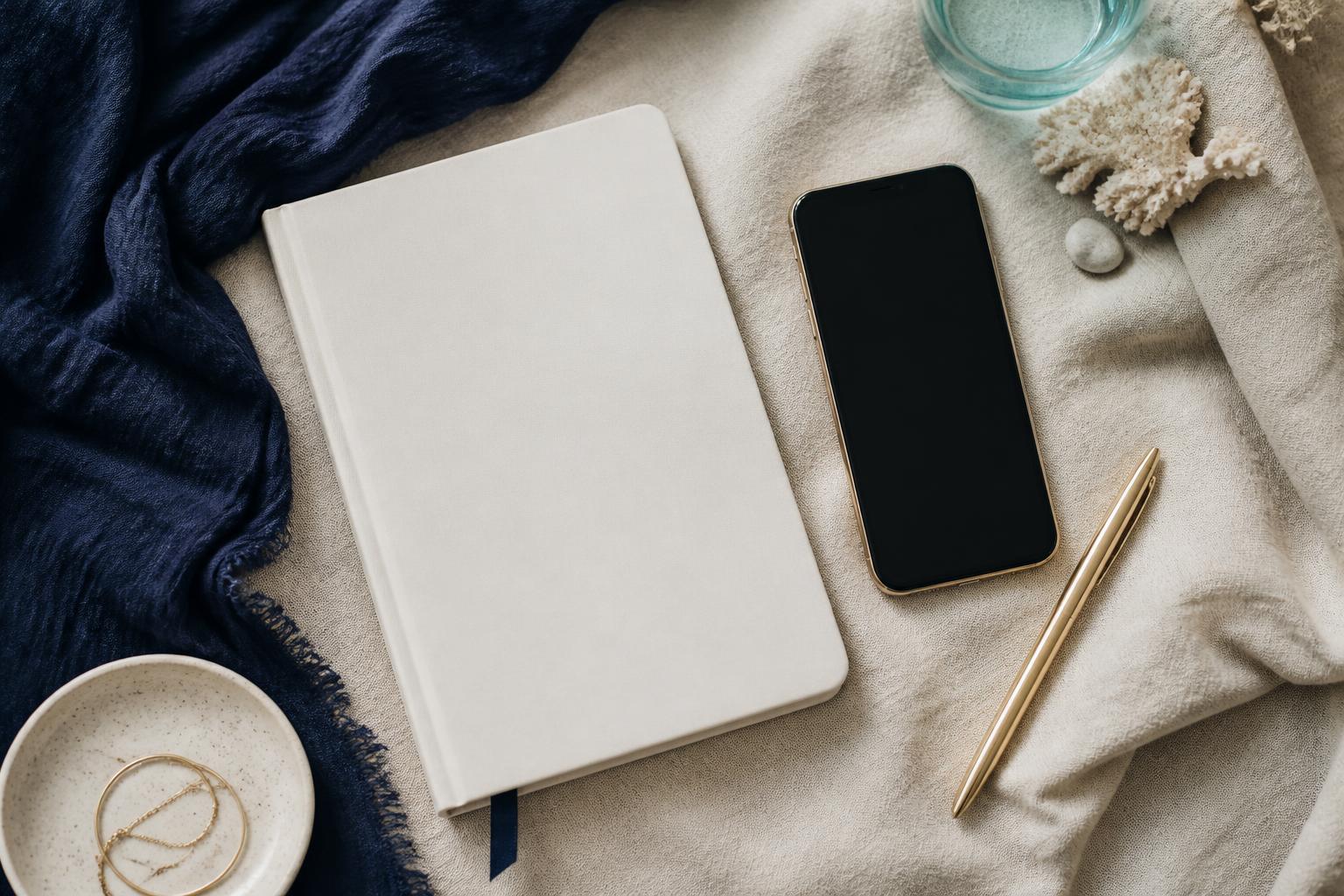 Blank notebook and phone arranged on linen