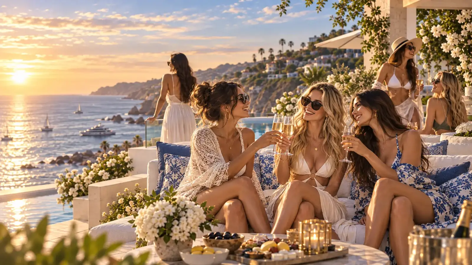 Friends toasting on a coastal terrace at sunset